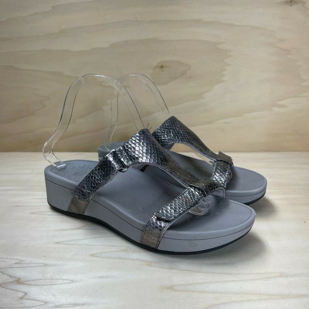 Vionic Womens Leather Hook And Loop Open Toe Sliver Gray Slide Sandal Size 7.5